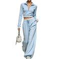 thumbnail image 2 of WULMLEO Athletic Tracksuit for Women Long Sleeve Quarter Zip Cropped Top And Wide Leg Pants With Pockets Sky Blue M, 2 of 7
