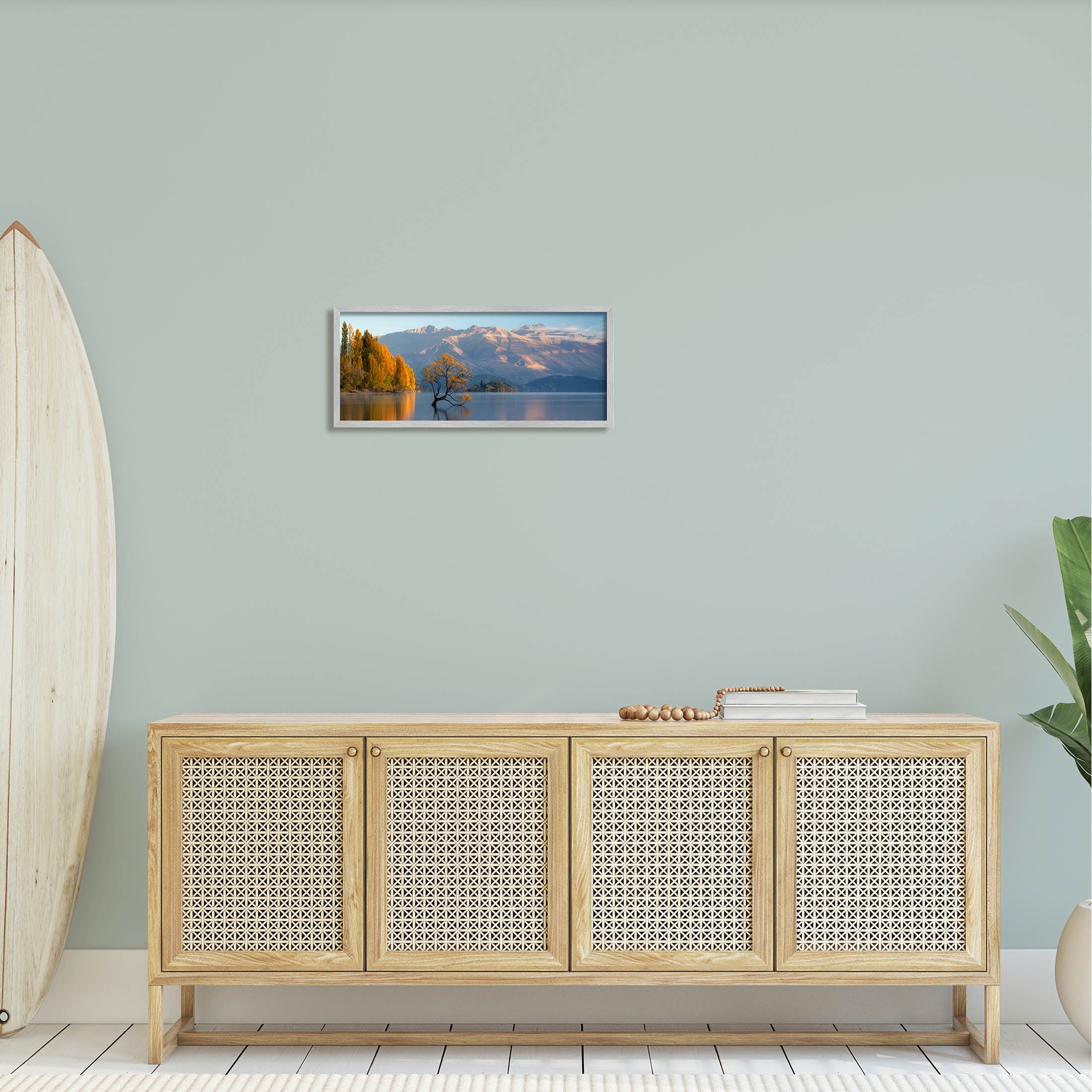 Relaxing Lake Reflection Distant Mountains Landscape Photograph Gray Framed Art Print Wall Art