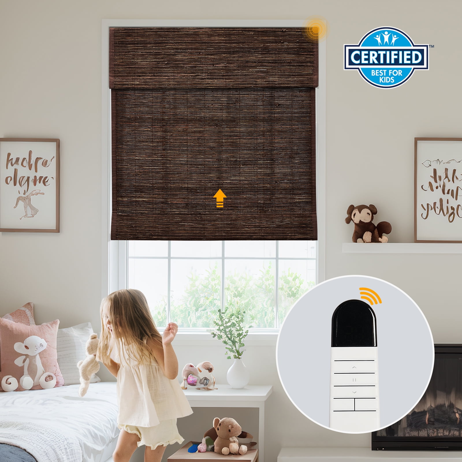 Keego No Drill Motorized Roman Shades Natural Fabric Rechargeable Electric Window Blinds Remote Control Room Darkening Window Treatment - Coffee (with Linen, Block 40%-50% Light) - 51"W x 56"H