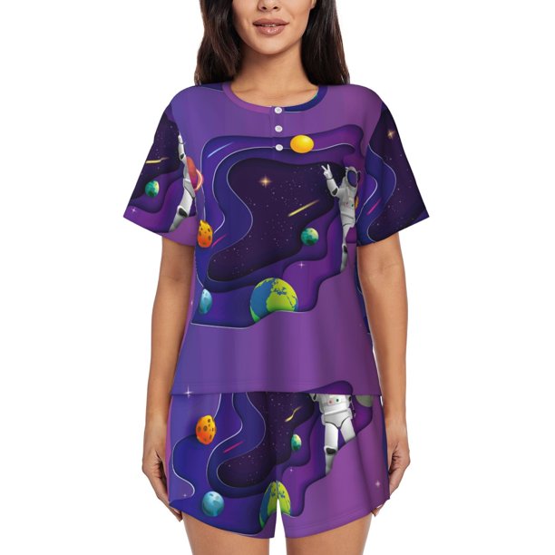 Fotbe Astronaut Conjunto de Pijama Estampado para Mujer, 2 Piezas, Ropa de Dormir con Camiseta de Manga Corta y Shorts Suaves-Large