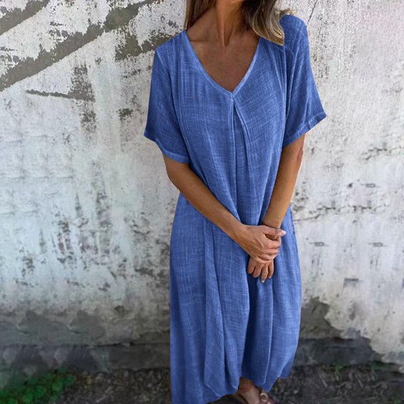 ClodeEU Women's Linen Blend V Neck Short Sleeve Midi Dress,Lightweight Casual Loose Fit Summer Dress Blue,Women's Plus L