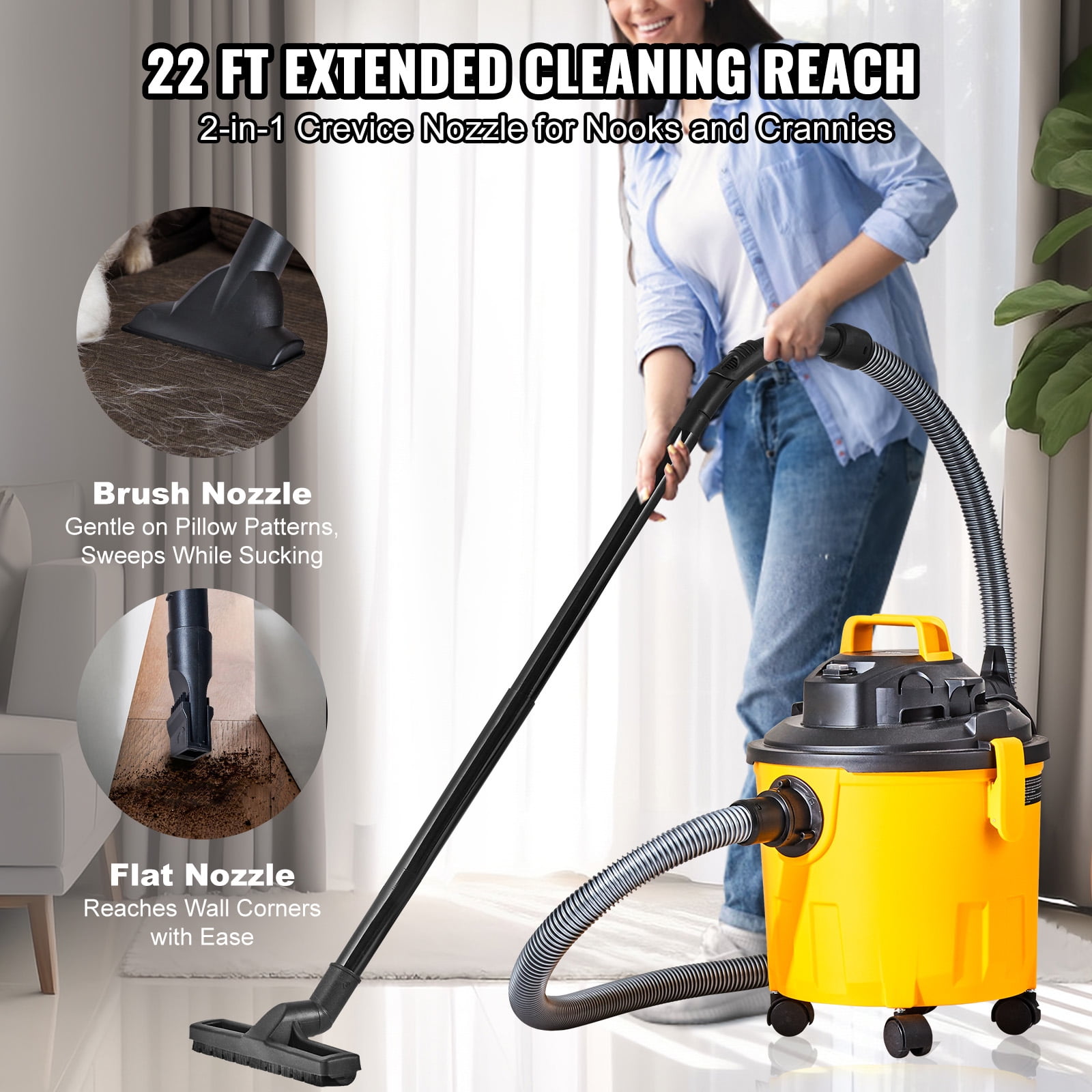 KFFKFF Wet/Dry Shop Vacuum 5 Gallon 6-HP with Accessories 2-in-1 Crevice Nozzle