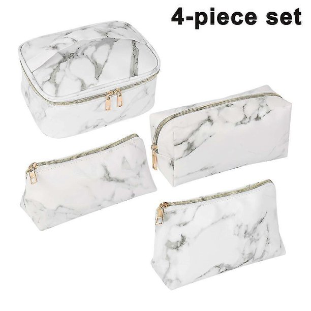 4 Pcs Cosmetic Bag Makeup Bag for Travel Portable Makeup Bag with Modern Marble Waterproof Pu Leather White