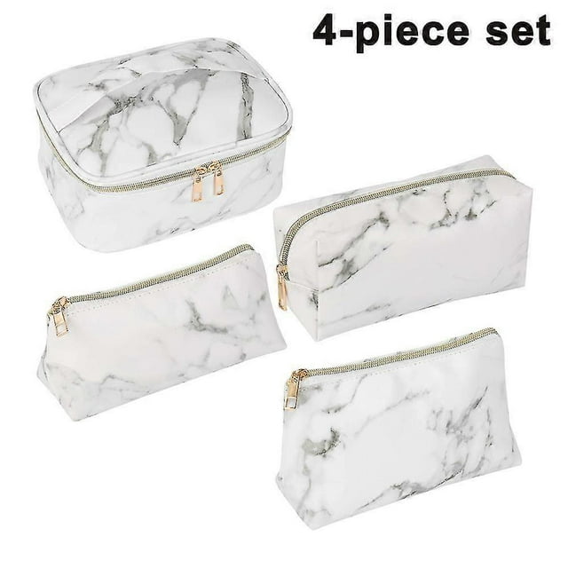 4 Pcs Cosmetic Bag Makeup Bag for Travel Portable Makeup Bag with Modern Marble Waterproof Pu Leather White