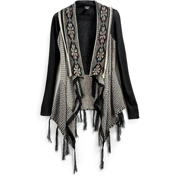 Turtle Bay New York  Women's Fringed Jacquard Weave Open Front Long Cardigan