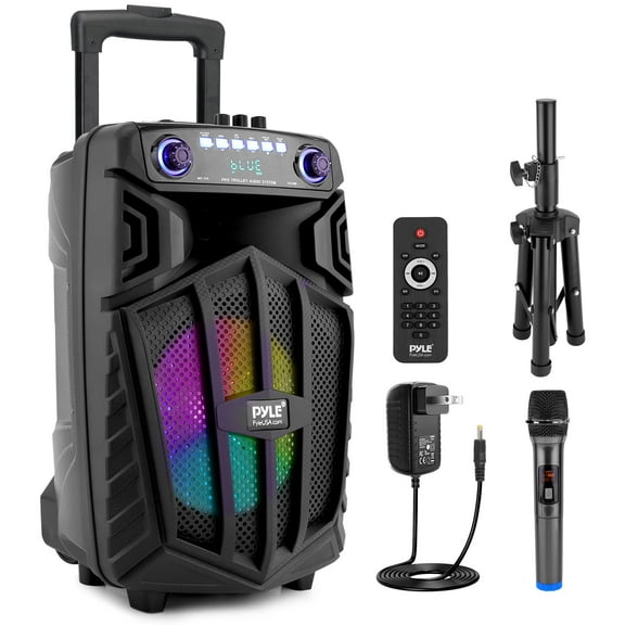 Pyle 880W Portable Bluetooth PA Speaker - 12" Rechargeable Outdoor Karaoke Party Speaker, Audio System w/Wireless Mic and Wheels, TWS, Party Lights, LED Display, 6.5mm Mic Input, FM/AUX/MP3/USB/SD