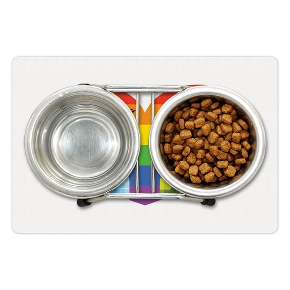 Pride Pet Mat for Food and Water, 2 Men Smiling Each Other Gay Pride Flag LGBT Rainbow Diversity Homosexual Society, Non-Slip Rubber Mat for Dogs and Cats, 18" X 12", by Ambesonne
