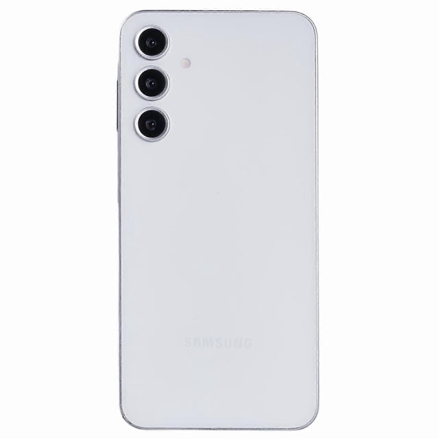 for samsung galaxy a16 4g 5g color screen dummy phone shooting counter display toys (without logo) sin logo, vista trasera centrada tipo display, réplica blanca de exhibición con tres módulos de cámara en columna izquierda, marco plateado delgado y superficie lisa, ideal como juguete para niños o para probar fundas en mostrador.