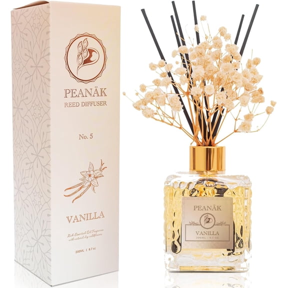 Reed Diffuser Set - Vanilla Coconut Oil, Oil Sticks, Bathroom Diffuser, Shelf Decor, 200ml with Preserved Flowers PEANÄK