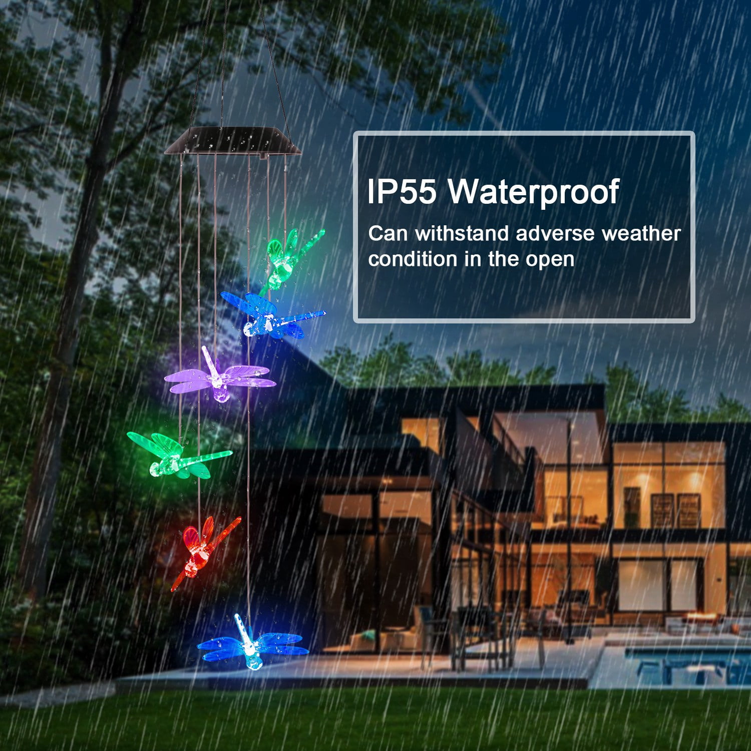 iMounTEK Solar Powered Dragonfly Lights Wind Chimes LED Color Changing Hanging Wind Lamp for Christmas Halloween Garden Patio decor