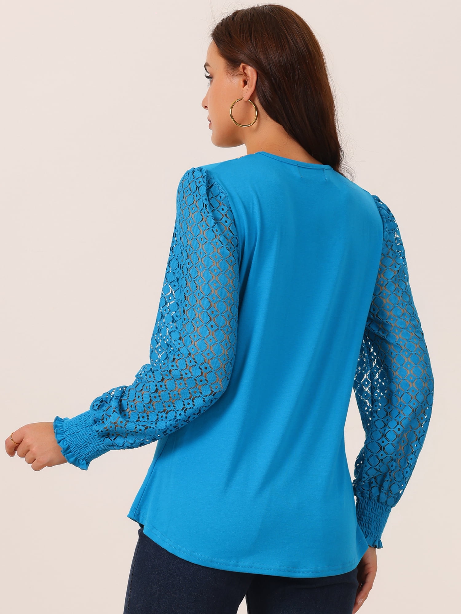 DARING DIVA Women's Lace V Neck Tops Mesh Long Sleeve Fashion T Shirt XL Blue