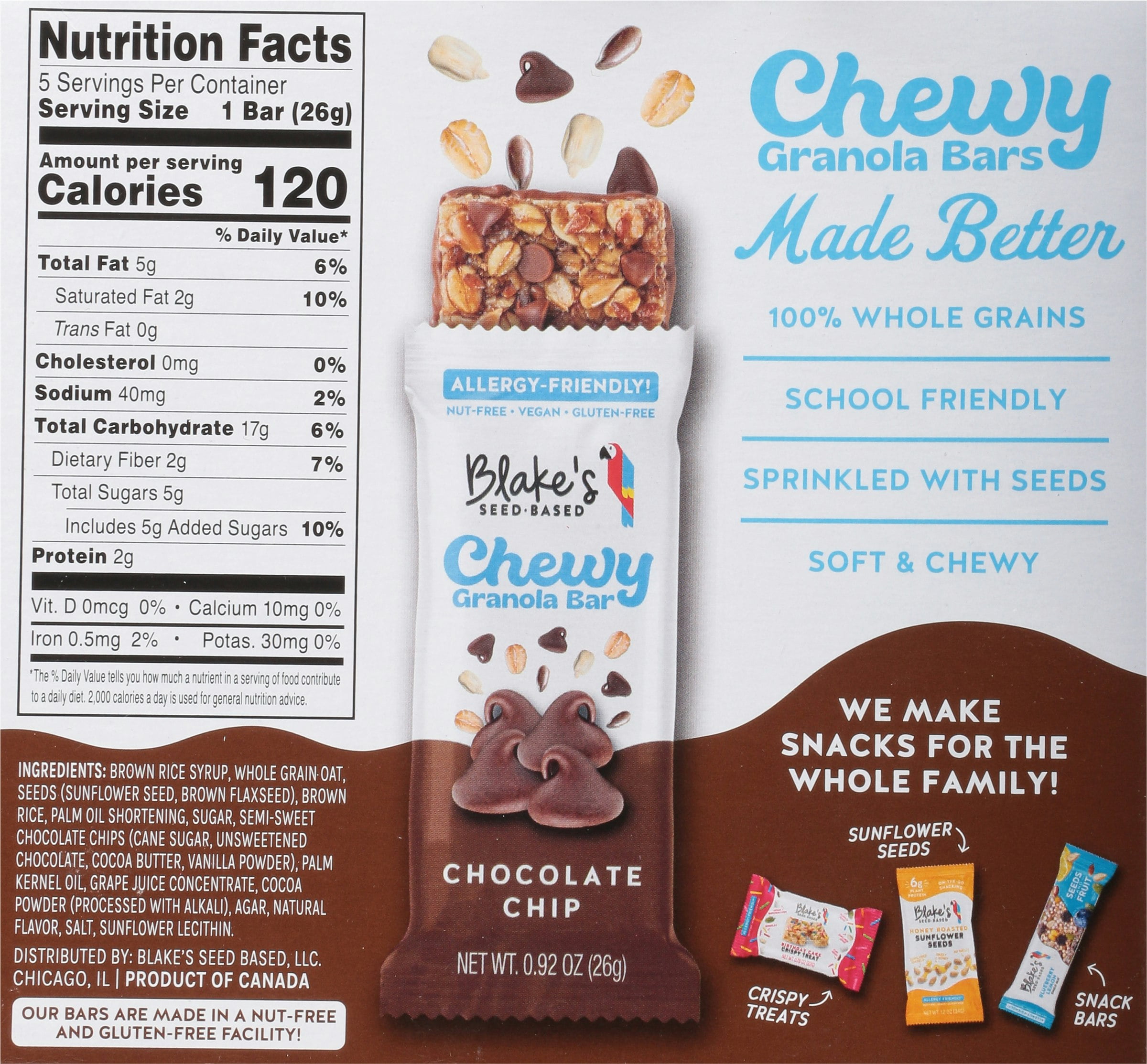 Blake's Seed-Based Chewy Chocolate Chip Bars 5 Count 4.6 oz (Pack of 6)