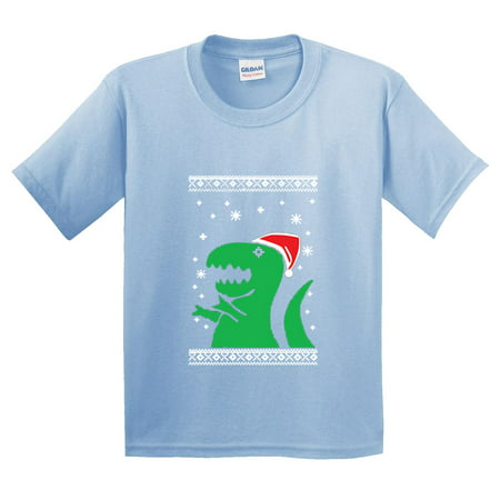 Trendy USA 601 - Youth T-Shirt REX DINOSAUR CHRISTMAS Medium Light Blue