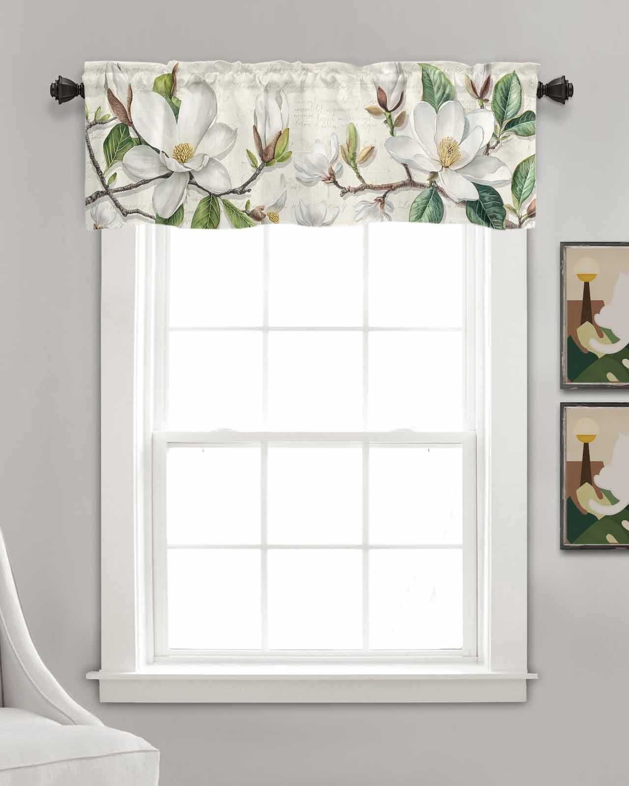 Botanical Floral Kitchen Valances for Windows Farmhouse Linen Window Valance Curtain for Living Room Window Treatment Retro Country Magnolia Flowers Leaves Valance Rod Pocket Topper, 60 x 18 Inch