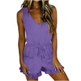 thumbnail image 2 of Womens Summer Jumpsuit V-Neck Short Sleeve Romper Playsuit Solid Color Trousers Pants One Piece Bodysuit Ladies Office Elegant Overall Purple XXL, 2 of 6