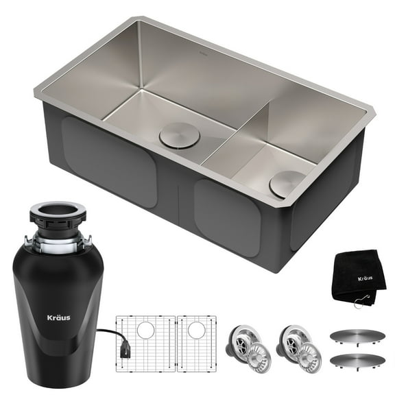 Kraus Standard PRO 32-inch 16 Gauge Undermount 60/40 Double Bowl Stainless Steel Kitchen Combo with Waste Guard Continuous Feed Garbage Disposal Sink