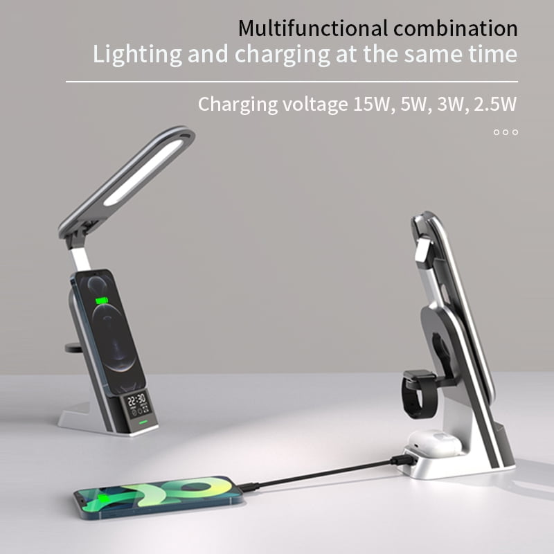 7-in-1 Smart Wireless Charging Station with Eye-Care Desk Lamp & Digital Alarm Clock, 15W Fast Charger for iPhone17/ 16/15/14/13, Apple Watch 1-9/Ultra/SE, AirPods Pro, 180° Foldable Desktop Organiz