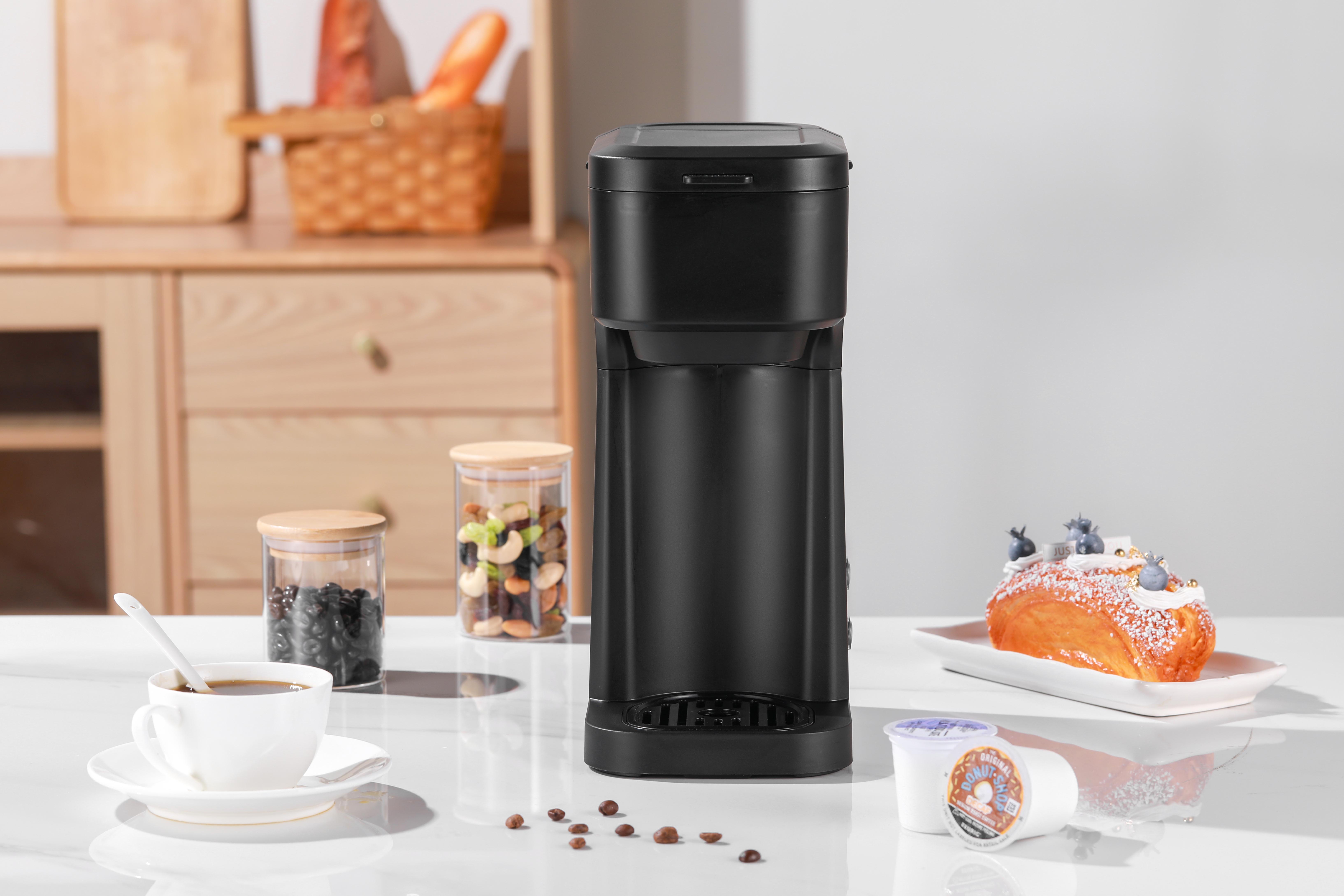 MAINSTAYS BLACK MATTE DUAL BREW COFFEE MAKER, SINGLE SERVE, AUTO SHUTOFF, 14 OZ RESERVOIR