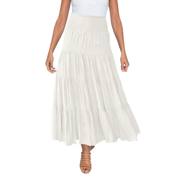 Falda larga Prolriy de verano para mujer, elástica, de cintura alta, estilo bohemio, informal, con cordón, corte A, color blanco M