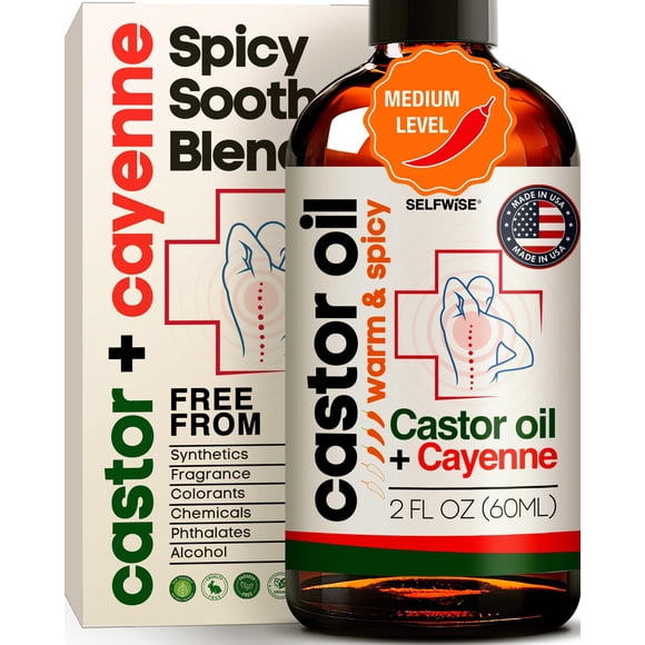 SELFWISE Aceite orgánico de ricino + cayena para articulaciones y cuerpo, cálido y picante, calor moderado para rodillas, codos, hombros y recuperación post-actividad, 2 oz