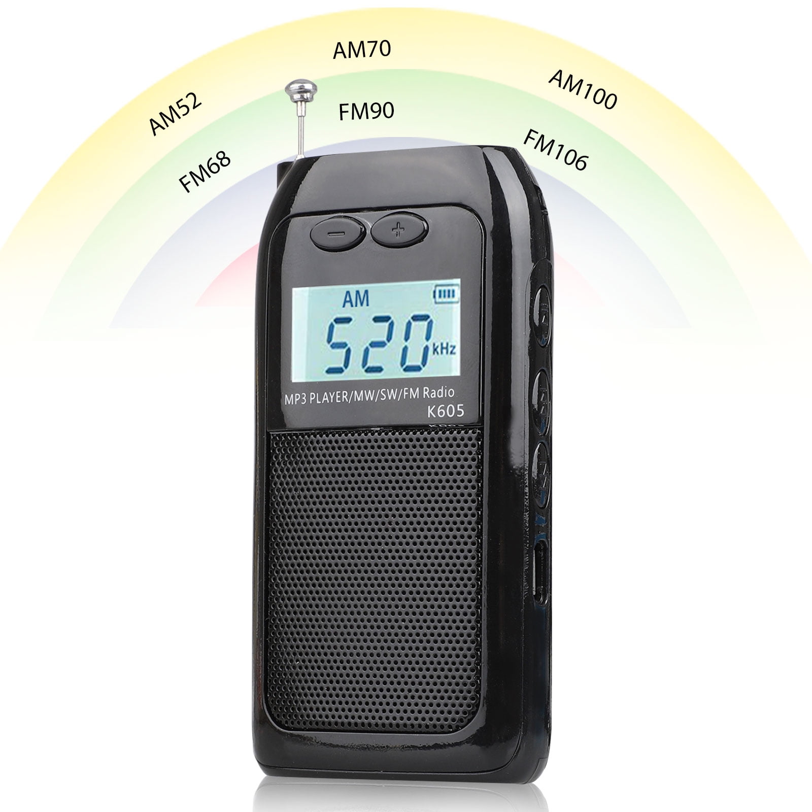 Black AM FM Radio,Mini Portable Pocket Radio Receiver with Ring Stand Holder and Earphone Jumbo Sky Rechargeable Battery for Outdoor and Home