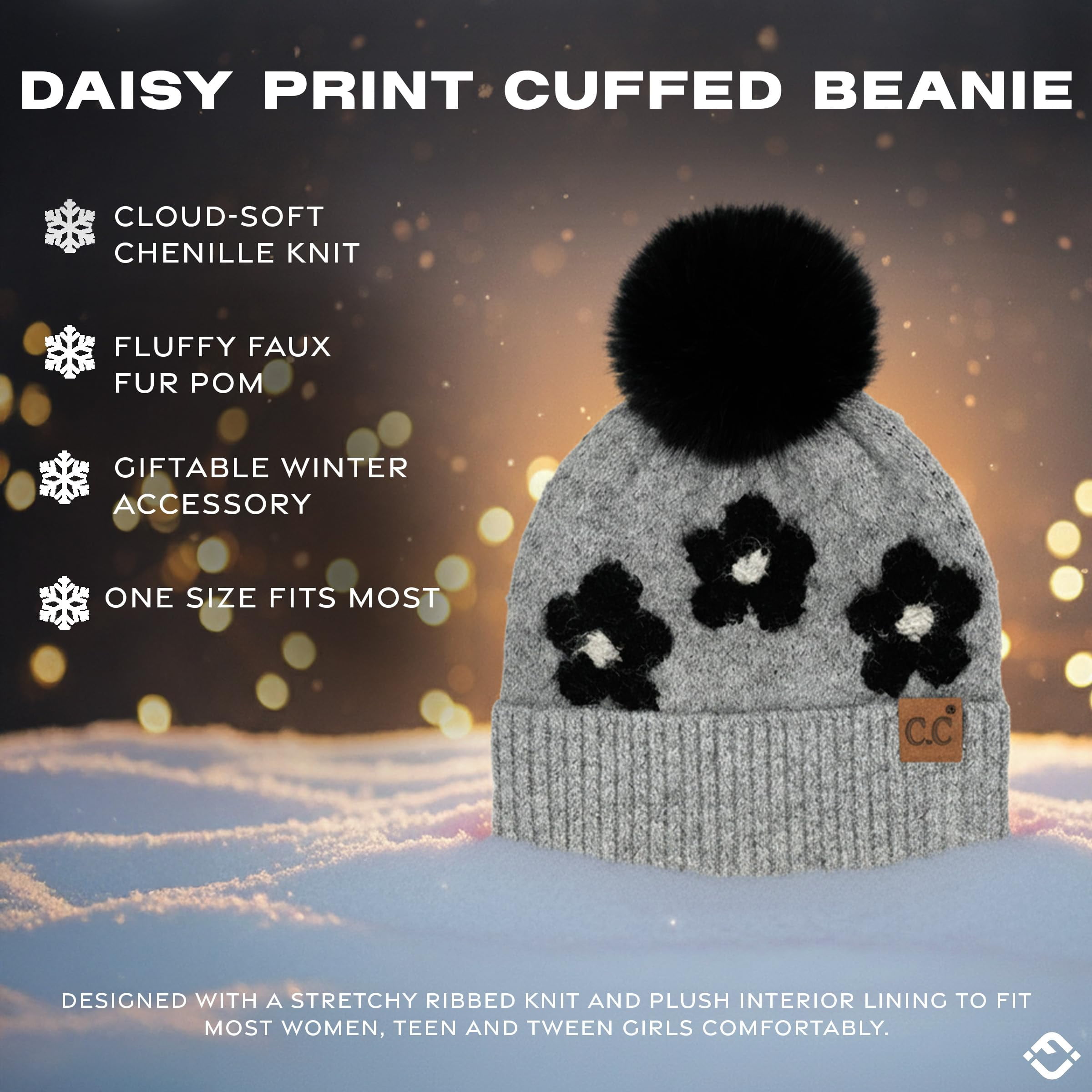Funky Junque Beanie for Women Ultra Soft Chenille Faux Fur Pom Pom Winter Hats Warm Ski Cap Fashion - Daisy - Grey