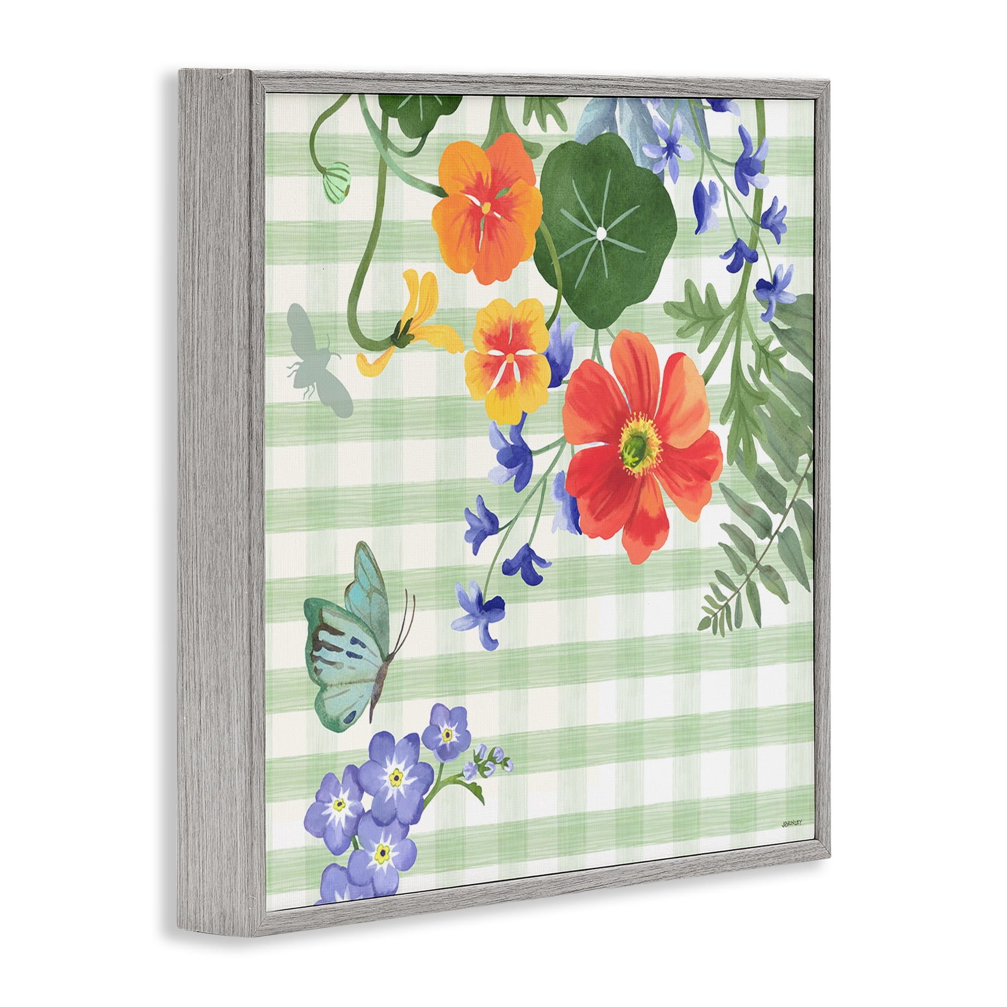 Stupell Industries Green Gingham & Poppies Botanical & Floral Painting Gray Framed Art Print Wall Art, 12 x 12