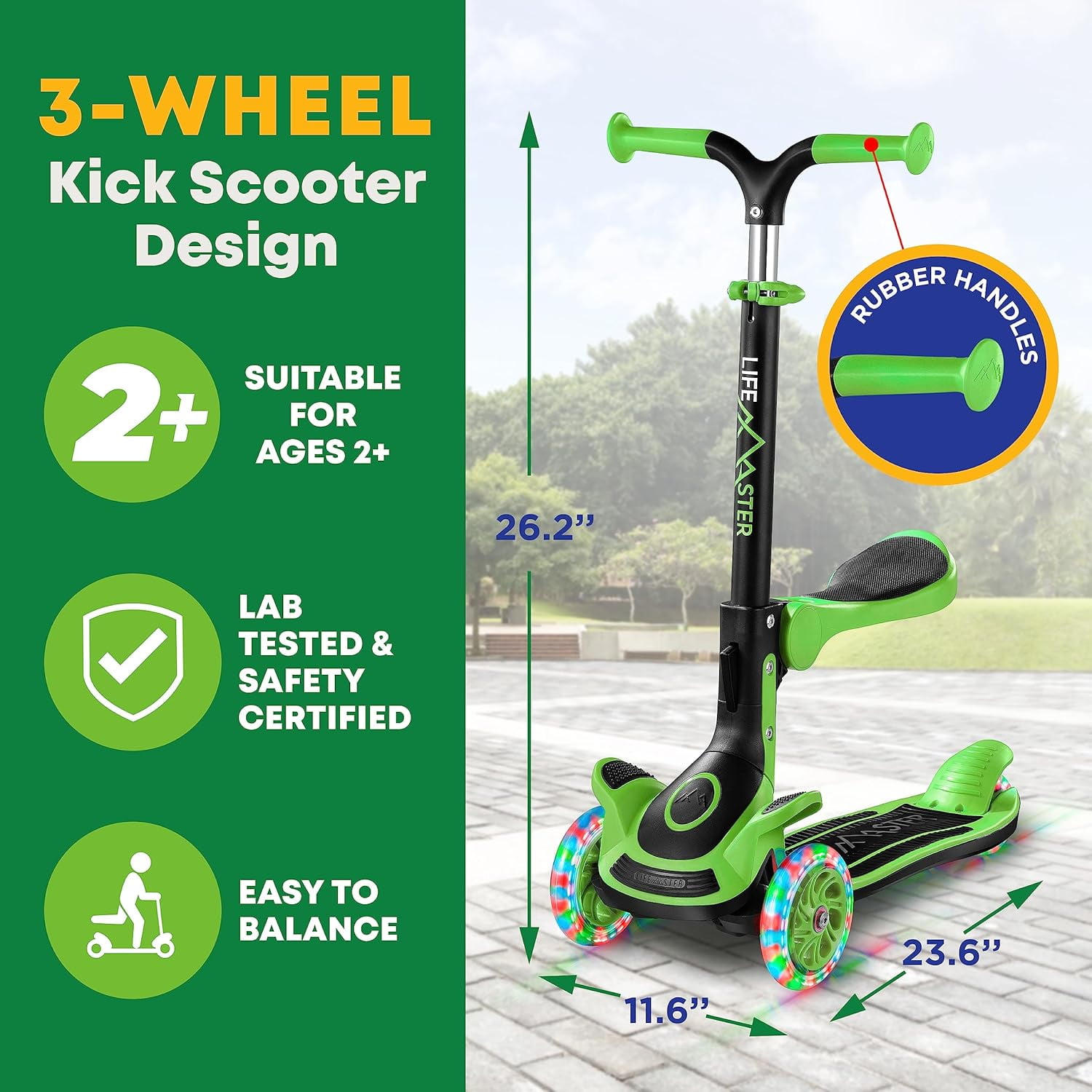 Kids Scooter – Foldable Seat – LED Wheel Lights Illuminate When Rolling – Children and Toddler 3 Wheel Kick Scooter – Adjustable Handlebar – Indoor and Outdoor- Green - by Lifemaster