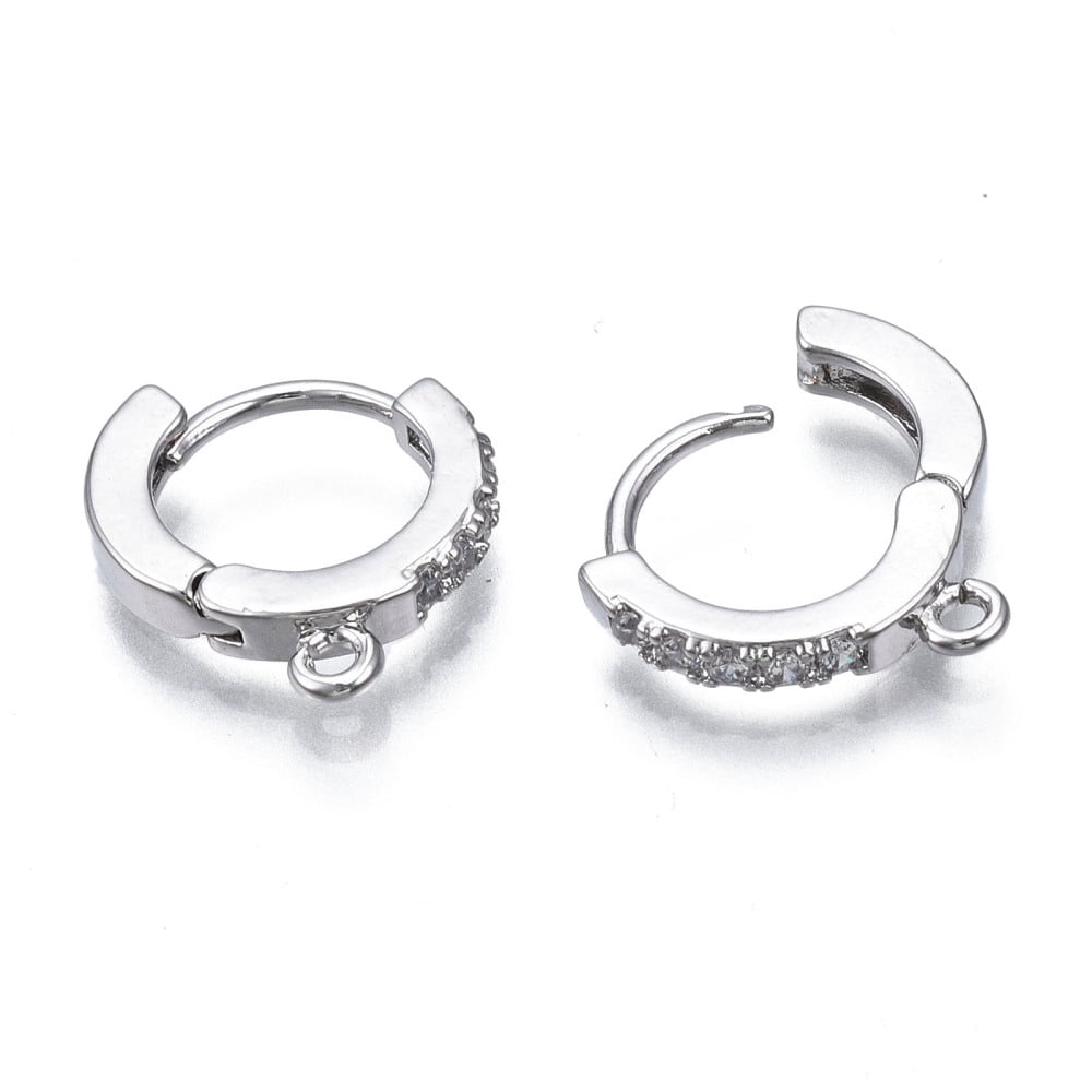 40pcs Brass Micro Pave Cubic Zirconia Huggie Hoop Earring Findings with Horizontal Loop Nickel Free Clear Platinum 13.5x12x2.5mm Hole: 1mm Pin: 0.8mm