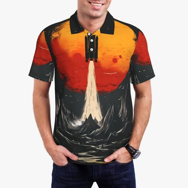 Fotbe Retro Space Rocket Launch Camiseta Polo de Golf para Hombre con Estampado – Camisa Deportiva Transpirable con Cuello Abotonado-Medium