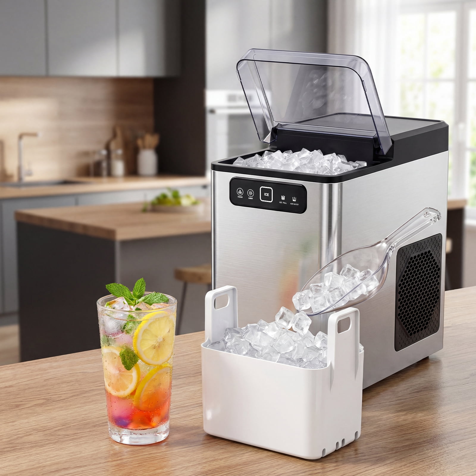 Advwin Nugget Ice Maker Countertop, 40lbs/Day Pellet Ice Machine, Self-Cleaning Portable Ice Maker with Ice Scoop & Basket, Stainless Steel, Ideal for Home, Kitchen, Office