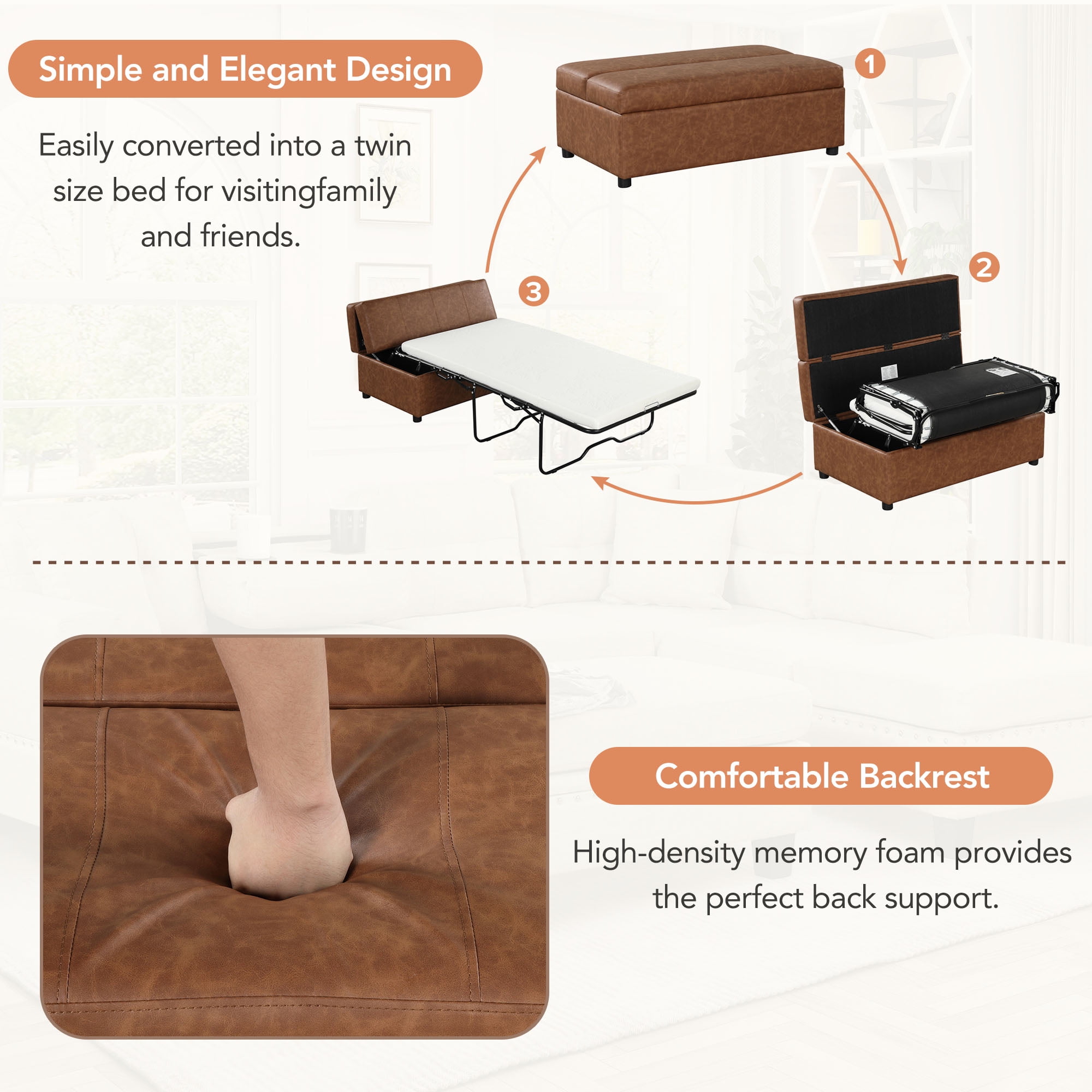 Euroco Twin Size Folding Ottoman Sleeper Bed with Mattress Convertible Guest Bed，Brown