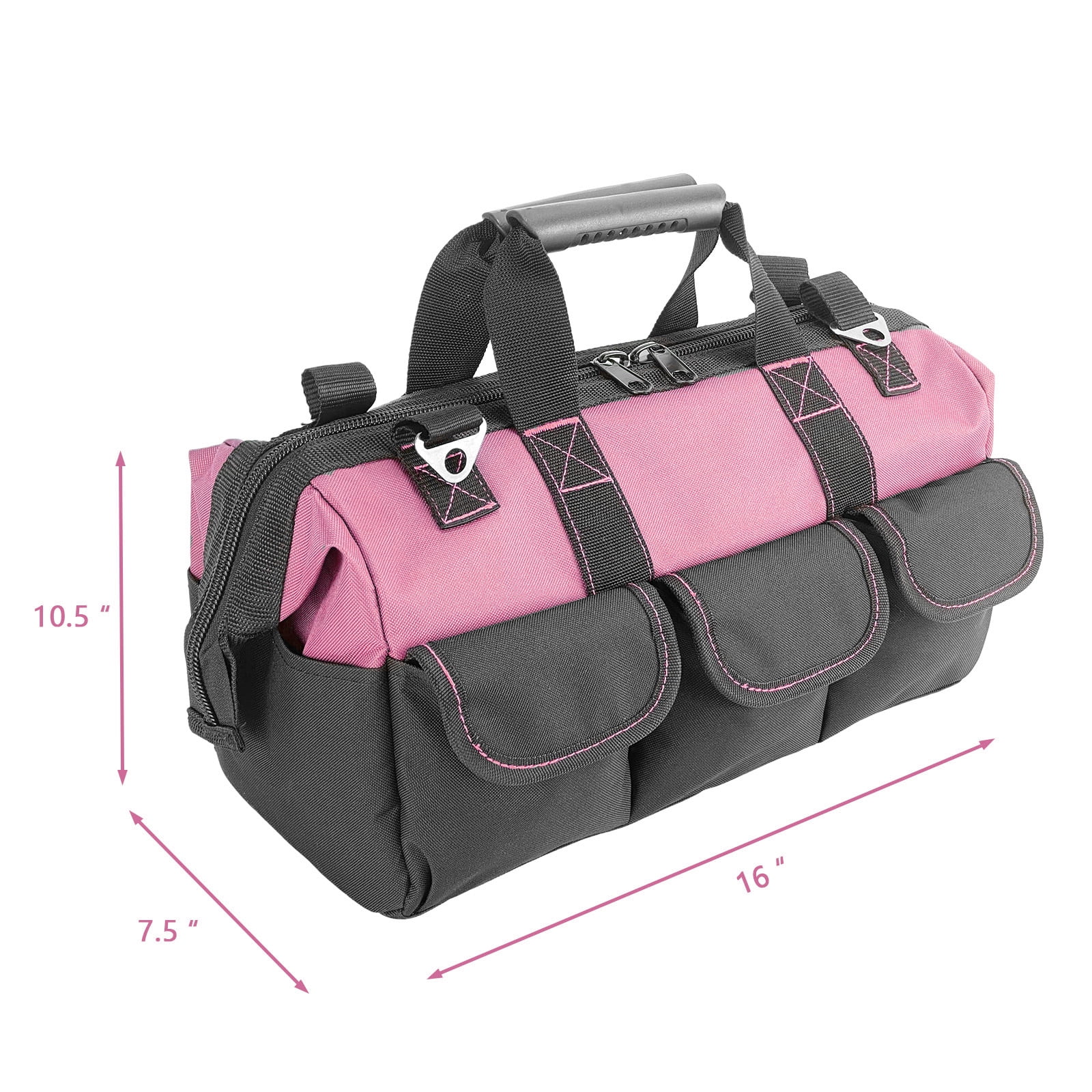 Yongzhenlite Garden Tools Bag, 16 Inch Wide Mouth Tool Tote with Molded Base and Multi-Pockets for Men, Heavy Duty 600D Polyester Fabric (Pink Color)