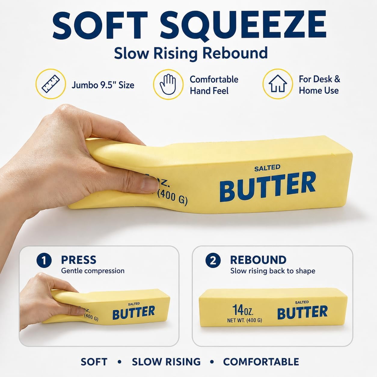 Big Butter Squishy, Giant Squishies Butter 14OZ, Jumbo Slow Rising Squeeze, Large Soft PU Foam Fidget for Anxiety & Sensory Stress Relief 9.8 Inch (Big-Yllow Butter 1 Pack)