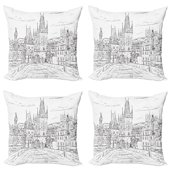 Ambesonne City Throw Pillow Cover 4 Pack, Gothic Architecture Prague, 20", Charcoal Grey White