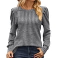 thumbnail image 1 of Yuzu Chandails pour Femmes Manches Longues Bouffantes Col Rond Pull Côtelé Couleur Unie, 1 of 7