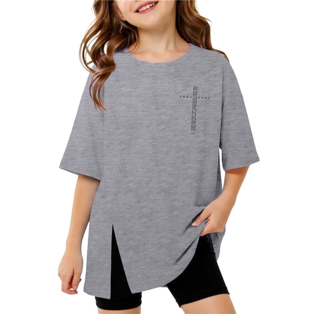 Rovga T Shirts For Girls Short Sleeve Tee With Side Slit Cute Print Round Neck Top Retro Spring Wear Grey 3-4 Years