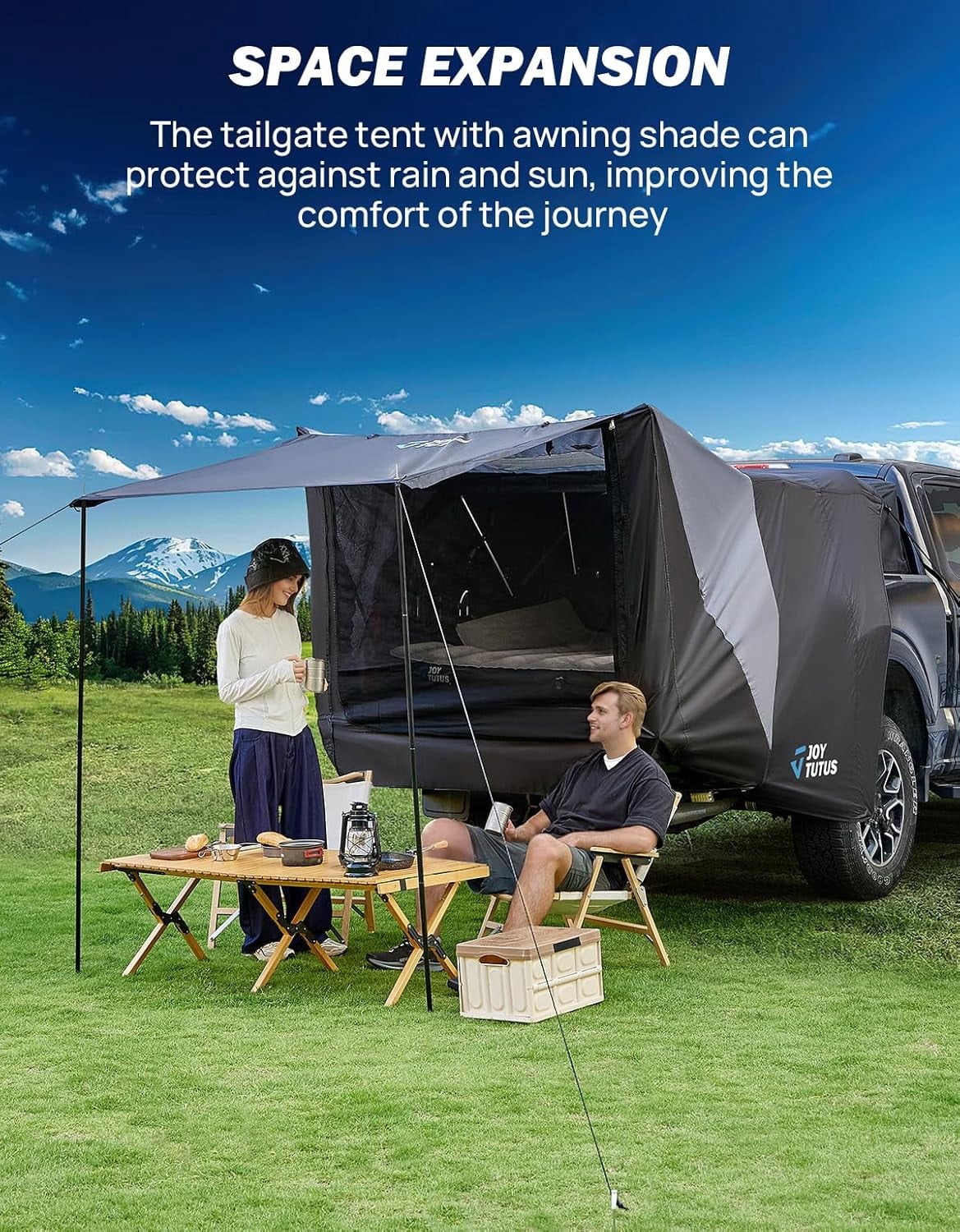 JOYTUTUS Truck Tent with Awning, Truck Bed Tailgate Tent Canopy (Only Fits Full-Size Truck with Soft Topper or Camper Shell)