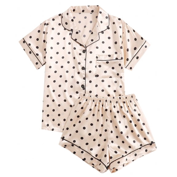 Xfvqtps Womens Pajamas Set Polka Dot Short Sleeved Short Pants Flip Collar Button Cozy Comfortable Soft House Silky Nightwear Top and Short Pants Set Yellow