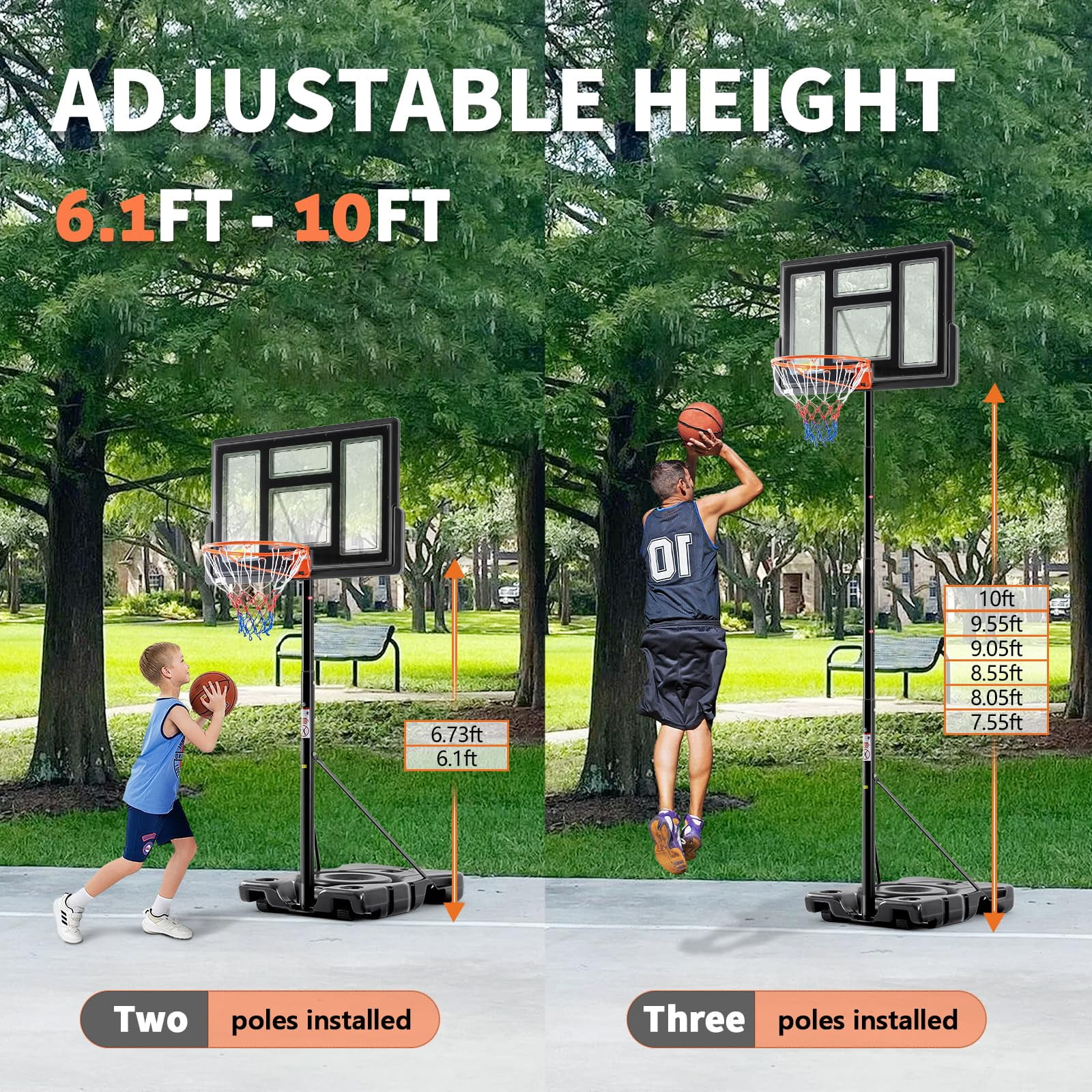 Atilioo Portable Basketball Hoop Stand with 44" Shatterproof Backboard, 6.1-10FT Adjustable Basketball Goal System, 2 Wheels, Fillable Base for Adults and Kids in Indoor/Outdoor, Black