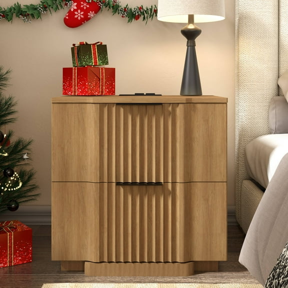 Brafabhome Nightstand with Fast Charging Station, Curved Profile Fluted Night Stand with 2 Drawers, Modern Bedside Table Accent End Table for Bedroom Living Room | Walnut