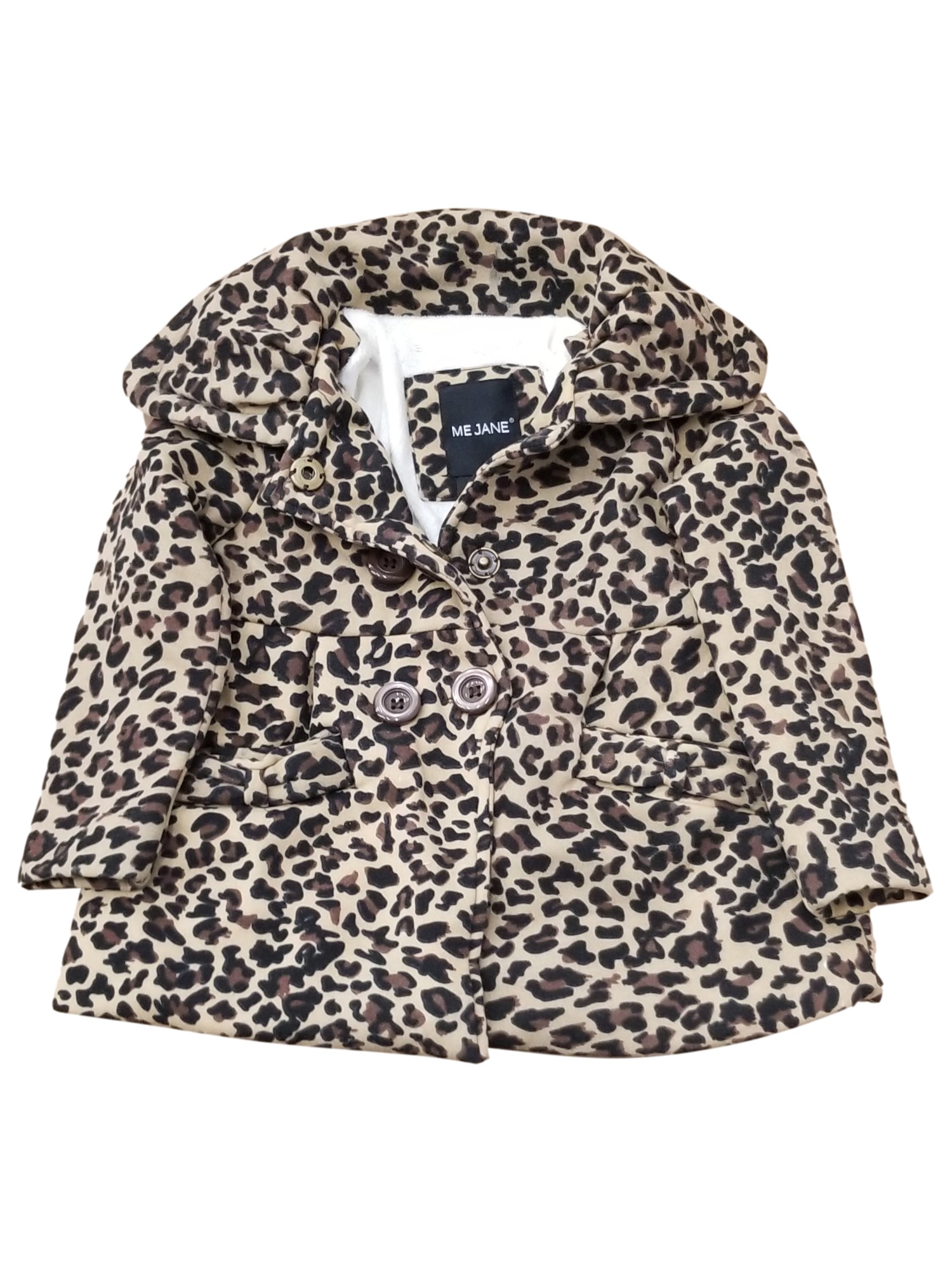 Toddler Girls Tan Leopard Print Button Up Pea Coat Jacket Faux Fur Lining 3T - image 2 of 2