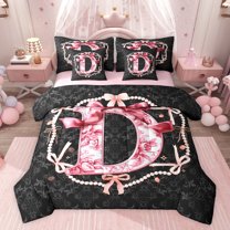 Castle Fairy Floral Personalized Initial Alphabet D Twin Bedding Sets 7-Piece for Female Men Women,Pearl Ribbon Bow-Tie Bedding Comforter Set Microfiber,Hippie Vintage Damask Breathable Sheet Sets