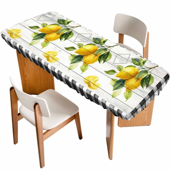Yellow Lemon Table Cloths for 8 Foot Rectangle Tables, Summer Botanical Black White Checkered Wooden Patio Waterproof Elastic Fitted Tablecloths, Washable Rectangular Table Cover for Camping