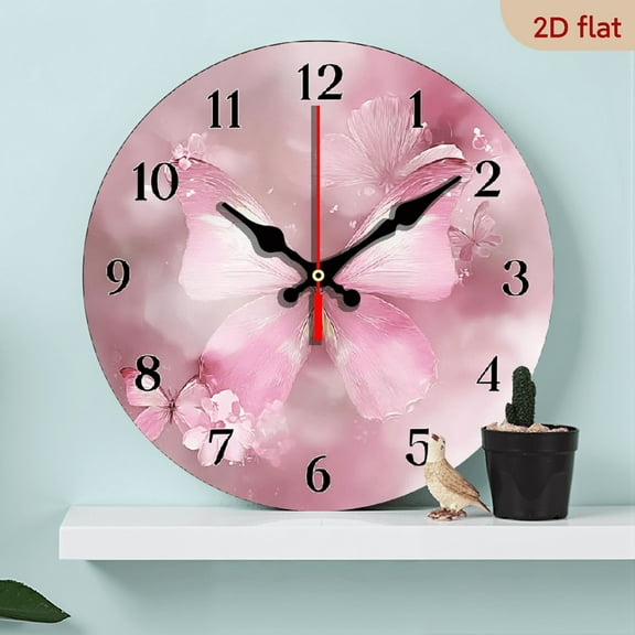 2D Flat 1pc 10Inch Pink Butterfly Floral Silent Wall Clock - Wood Veneer, Round Design, Battery Operated (AA Battery Not Included) - Perfect for Living Room - Aesthetic Home and Office Decor, Kitchen