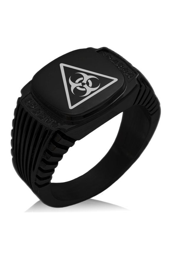 Stainless Steel Biohazard Triangle CZ Ribbed Needle Stripe Pattern Biker Style Polished Ring
