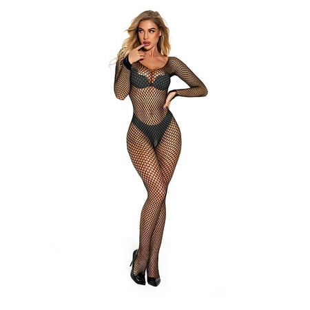 Lolmot Fishnet Bodysuit Bodystocking Lingerie Women Long Sleeve One Piece Mesh Jumpsuit Nightwear Stockings Sexy Teddy Babydoll Underwear
