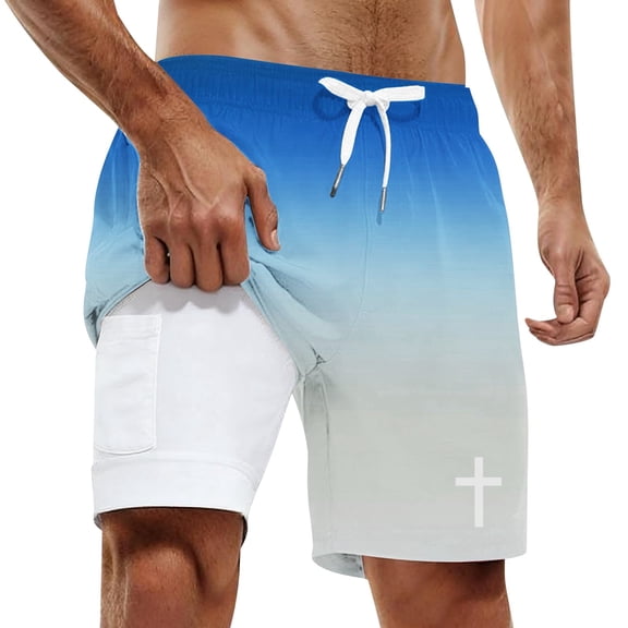 IWRICH Men's Swim Trunks with Compression Liner Bathing Suits 2 in 1 Stretch Shorts with Pockets Sky Blue XL