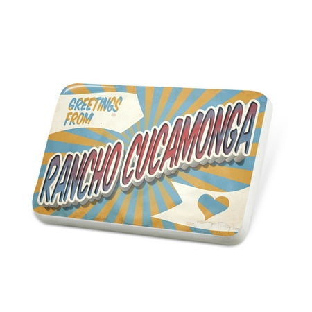 Porcelein Pin Greetings from Rancho Cucamonga, Vintage Postcard Lapel Badge –