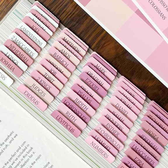 Pink Repositionable Bible Tabs for Women, Laminated Large Print Stickers, Easy to Read and Apply, Fits Standard and Catholic Bibles